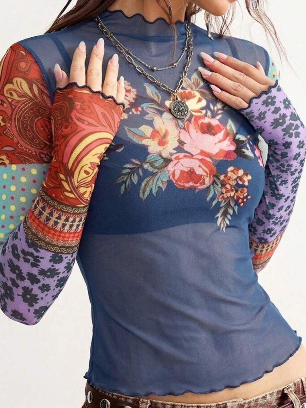 Navy Blue Floral Mesh Long-Sleeve Women's Top - Picture 4 of 6